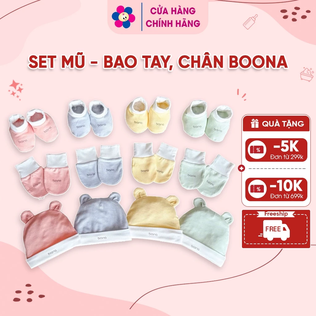 Set Mũ Và Bao Tay Chân Cho Bé Sơ Sinh BOONA – Vải Petit Mềm Mại, Cao Cấp, Nhiều Màu Lựa Chọn