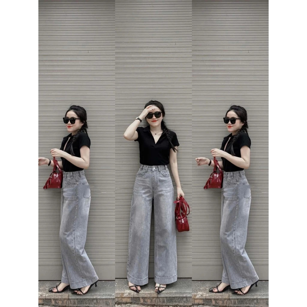 Hc shop Quần Jeans Nữ Ống Rộng Chất Denim, Quần Bò Nữ Màu Xám Khói Wash Lai Gấu Bản To Hách Dáng Cực Đỉnh