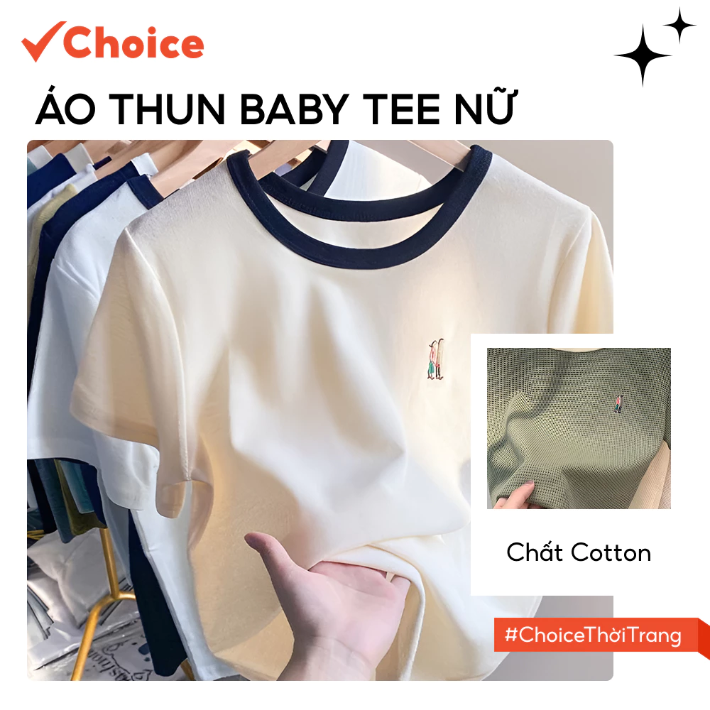 [Choice] Áo Thun Baby Tee Nữ NH128 Cotton Tay Ngắn, Thêu Họa Tiết Màu Sắc Tương Phản, Thời Trang Hè