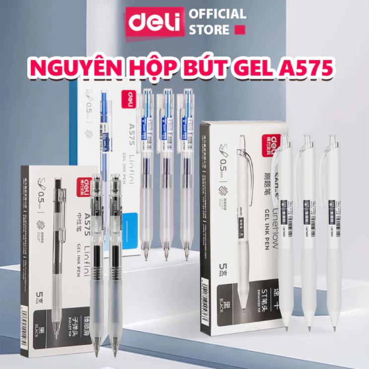 [TRỢ GIÁ] Hộp 5 Bút Gel Deli A575 Bút Bi Nước 0.5mm, Bút Bi Bấm Mực Gel Trơn Tru Viết Sổ Caligraphy Siêu Đẹp