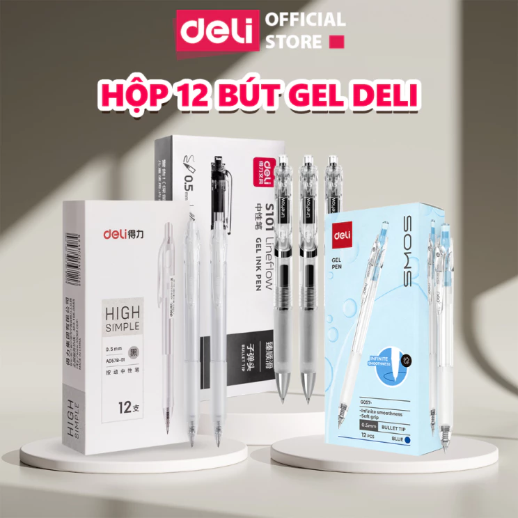 Hộp 12 Bút Gel Deli Bi Nước Deli Viết Bấm Mực Gel Đẹp Ngòi 0.5mm Nhanh Khô Học Sinh Văn Phòng