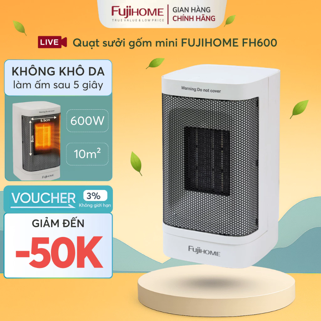 Quạt Sưởi Gốm Sưởi Nhanh 3 Giây Nhập Khẩu FUJIHOME FH600, Máy sưởi mini tự ngắt tiết kiệm điện