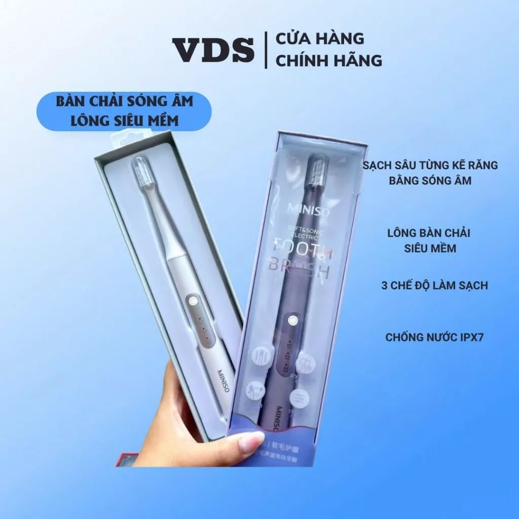 Bàn chải điện Miniso làm sạch bằng sóng âm, lông bàn chải siêu mềm