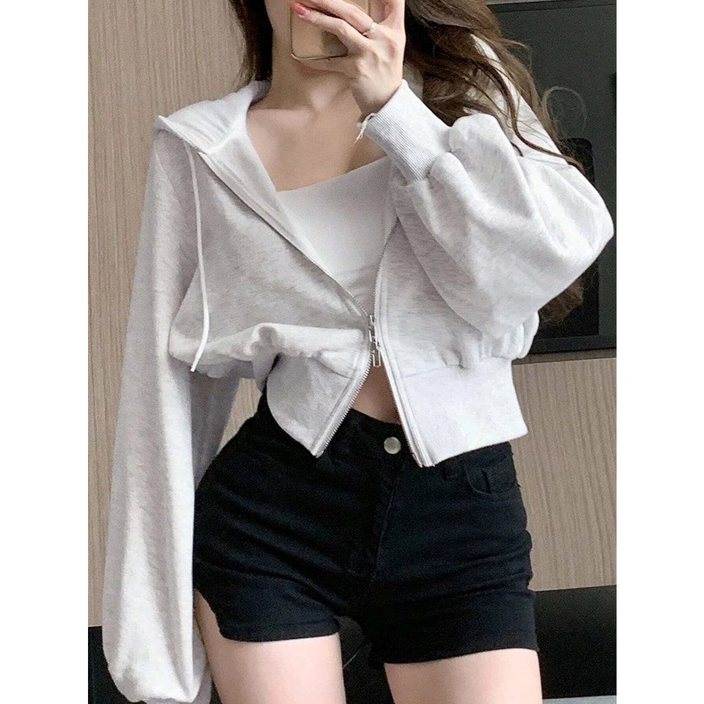 Áo Khoác Nỉ Croptop Cạp Cao, Áo Hoodie Zip Dáng Ngắn Form Rộng Khoá 2 Chiều Phong Cách Thể Thao Vải Loại 1