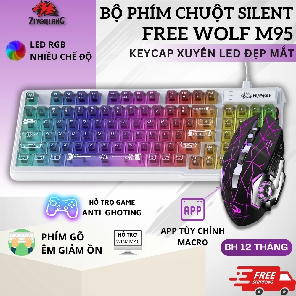 Bộ Phím Chuột Silent Free Wolf M95 - LED RGB, 26 Phím Anti-Ghosting, Công Thái Học, App Tùy Chỉnh