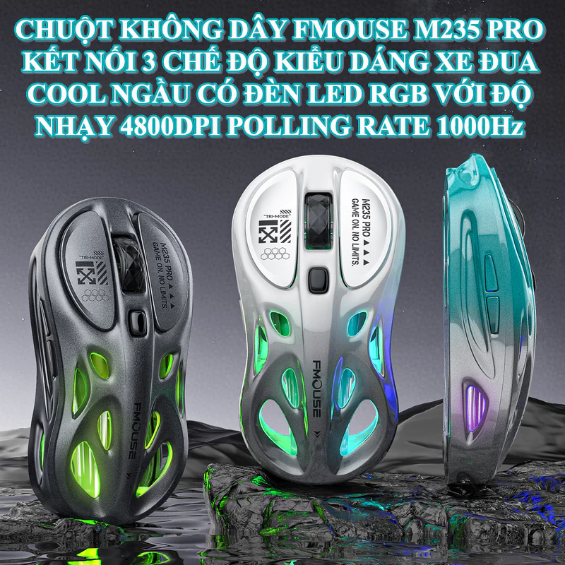 Chuột không dây FMOUSE M235 PRO kết nối 3 chế độ BT - USB 2.4G - Type-C thiết kế kiểu dáng xe đua cool ngầu đèn led RGB