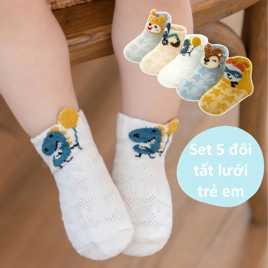 Set 5 đôi tất lưới cotton cho bé trai và bé gái mềm thoáng khí, sử dụng 4 mùa, họa tiết hình thú đáng yêu size 0-7 tuổi