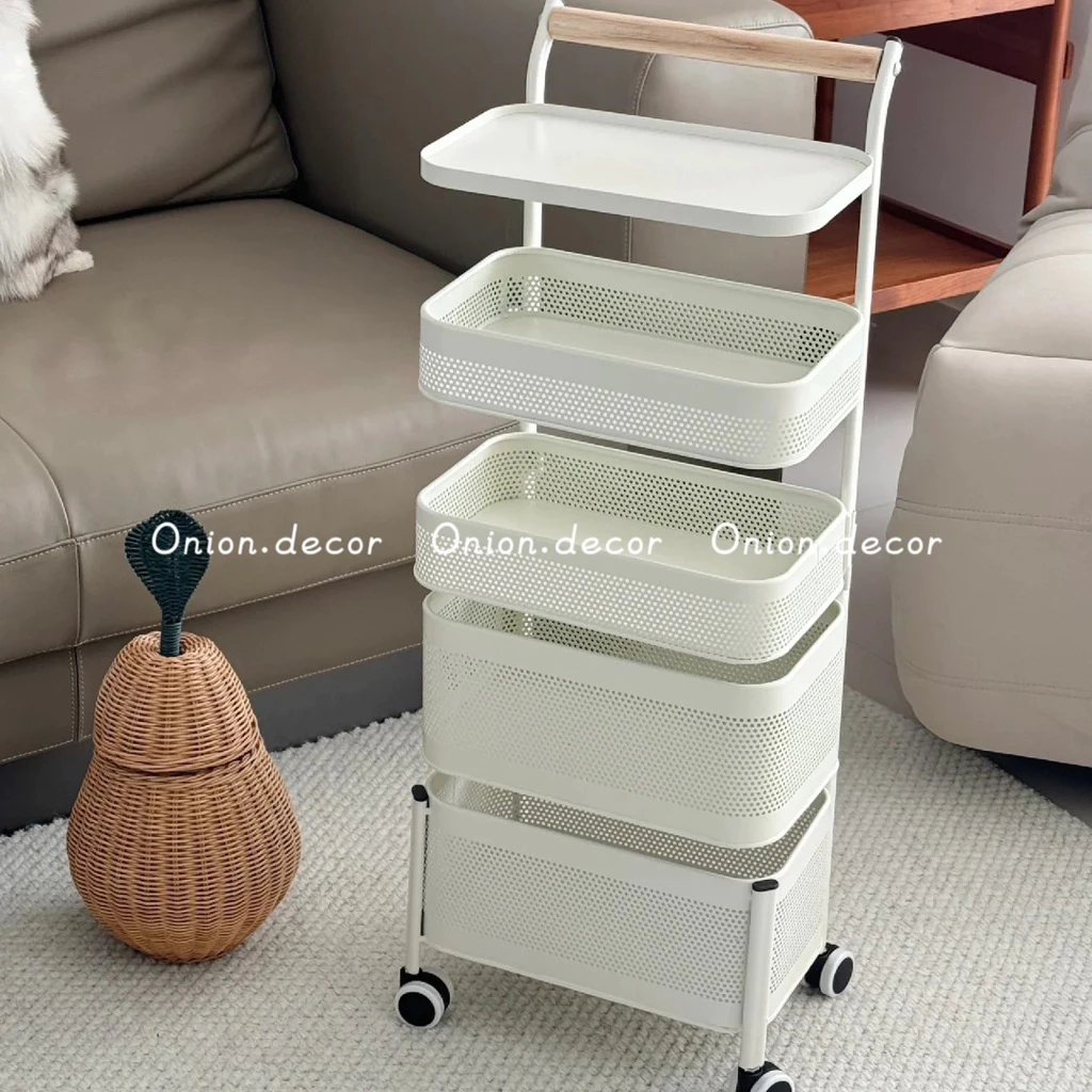 Kệ thép 6 tầng rổ xoay tay cầm gỗ bánh xe đa năng