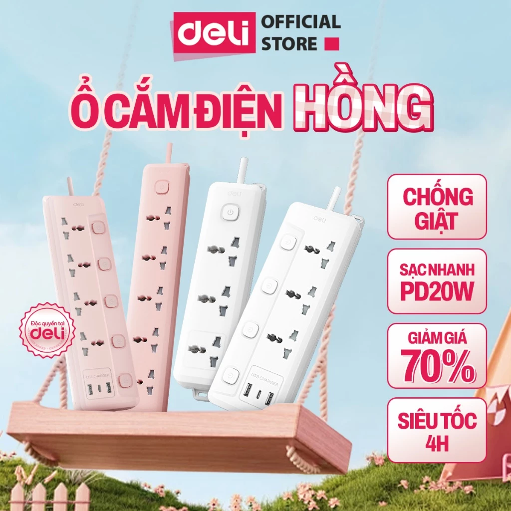 [MỚI] Ổ Cắm Điện DELI Màu Hồng Ver 2026 Hottrend, Ổ Điện Công Suất 2500W An Toàn Chống Giật