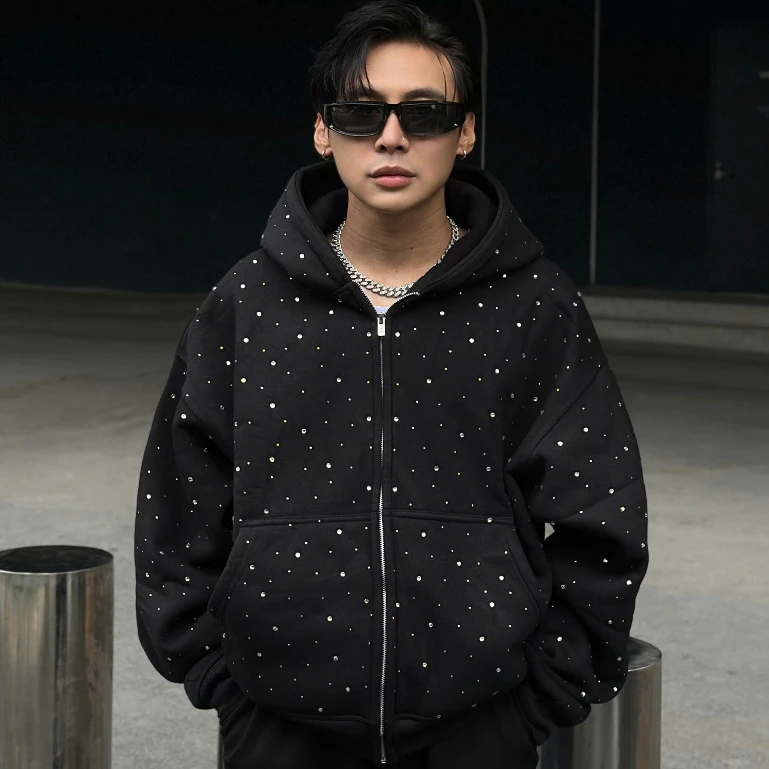 Áo Khoác zip ĐÍNH ĐÁ LẤP LÁNH chống nắng HOODIE ZIP Nỉ BÔNG 380gms Dáng Boxy Nam Nữ Unisex