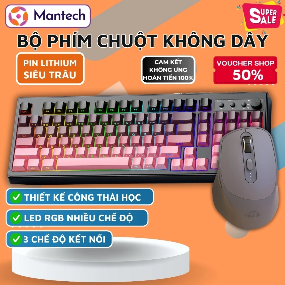 Bộ Bàn Phím Chuột Không Dây Mantech Free Wolf K100 - Kết Nối Đa Năng, LED RGB, Pin Trâu 4.000mAh