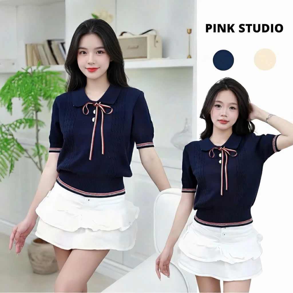 𝑴𝒐𝒏𝒔𝒕𝒂_𝒔𝒕𝒖𝒅𝒊𝒐// Áo Len Nữ Ngắn Tay Cổ Polo Thắt Nơ – Dáng Ngắn Dễ Thương, Chất Len Đanh Mịn Monsta