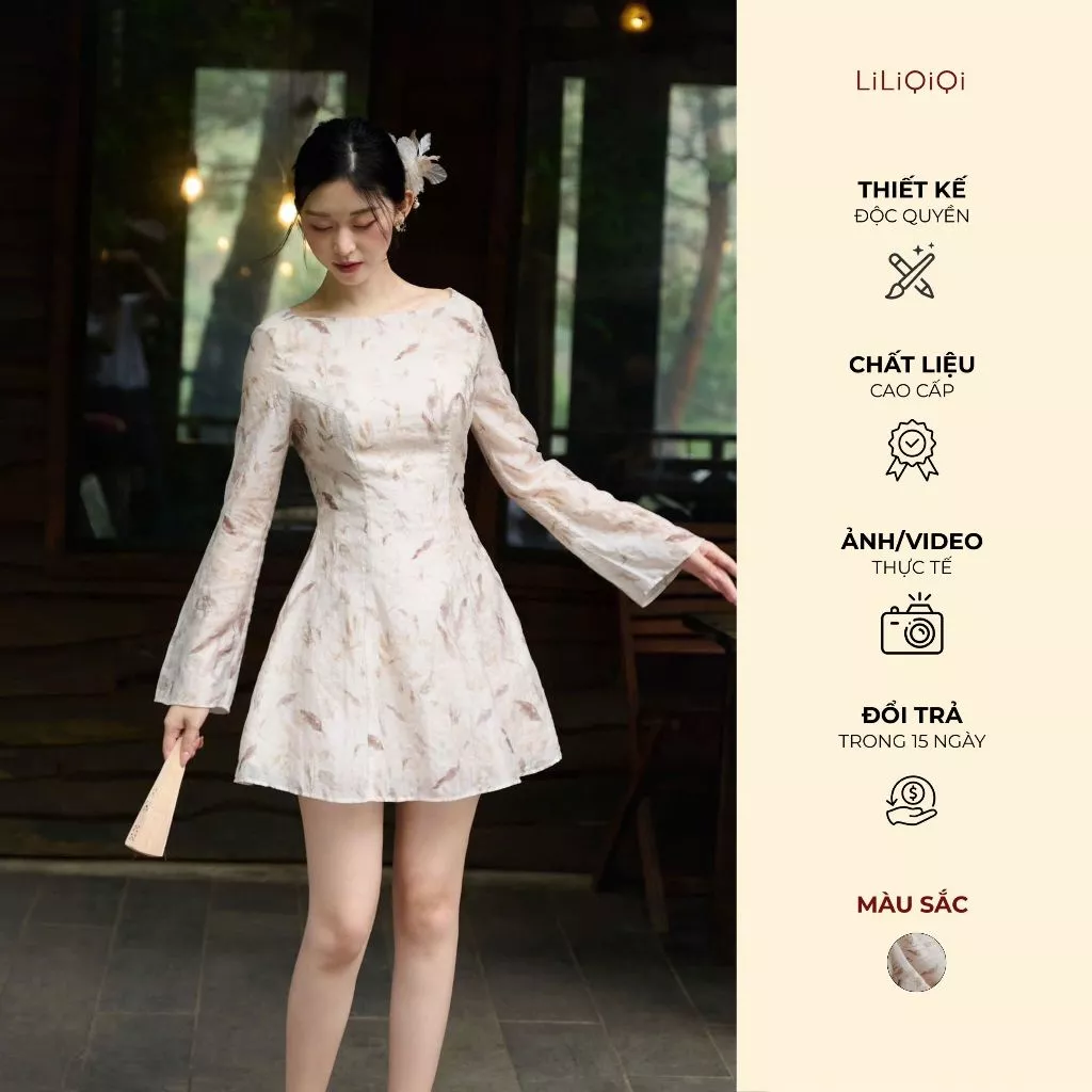 Váy Nữ Sang Chảnh Dáng Ngắn Tơ Họa Tiết Xước Cổ Đổ Sau Lưng ROMAN Đi Chơi LiLiQiQi By LeeGi - VN907