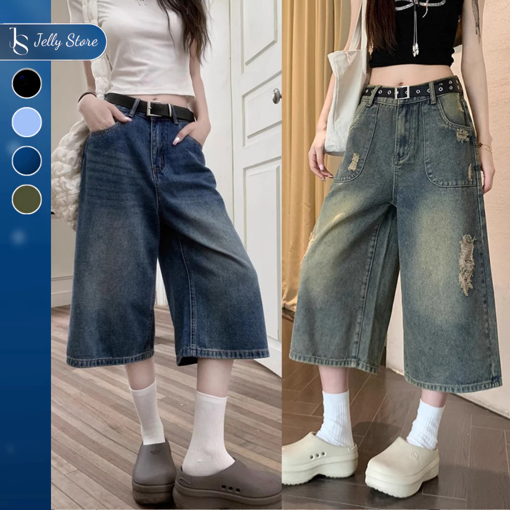 [GIẢM 40%] Quần Jean Dáng Lửng Dài Demi Jean Short Jelly Store Năng Động Denim Wash D001