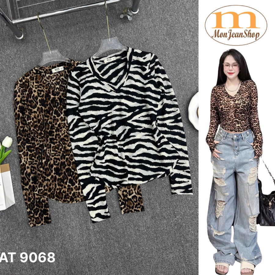 Áo Tay Dài Cổ Tim Xỏ Ngón Họa Tiết Da Thú – Form To Chuẩn Bigsize, Chất Ren Su QC Sang Trọng AT9068