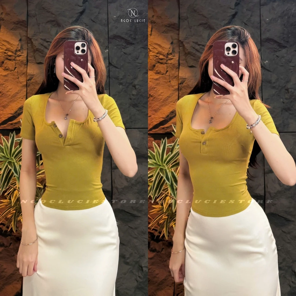 A205 - Áo Body Tay Con Cổ U Đính Nút Vải Bozip Basic, Tôn Dáng Daily - Ngọc Lucie
