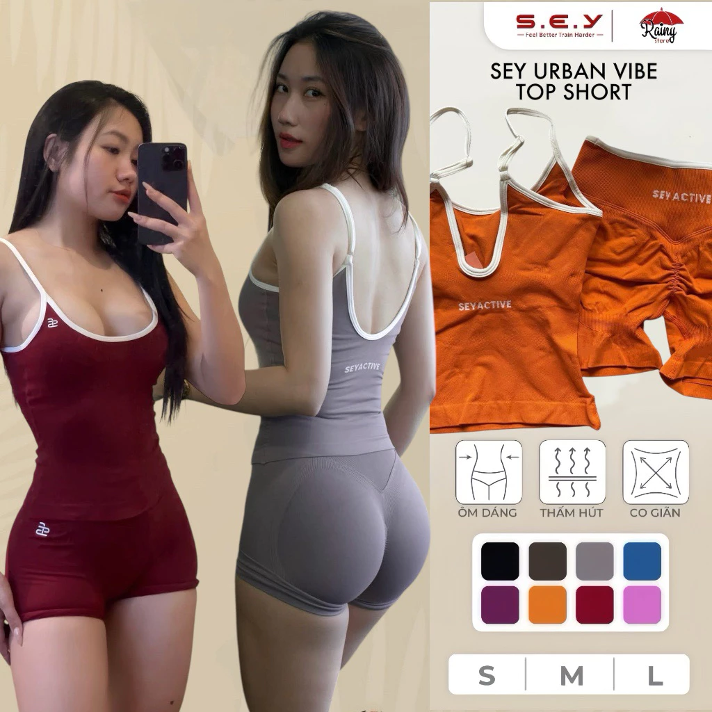 [ CHÍNH HÃNG BỘ S/M/L ] THUN DỆT- SEY URBAN VIDE -Bộ Đồ Tập Quần Đùi Áo Top Sẵn Mút Đệm, Chun Mông- Rainy Store