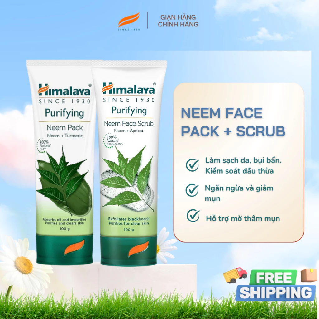 Combo làm sạch loại bỏ mụn đầu đen và mụn ẩn Himalaya Neem Face Pack 100ml và Neem Scrub 100ml