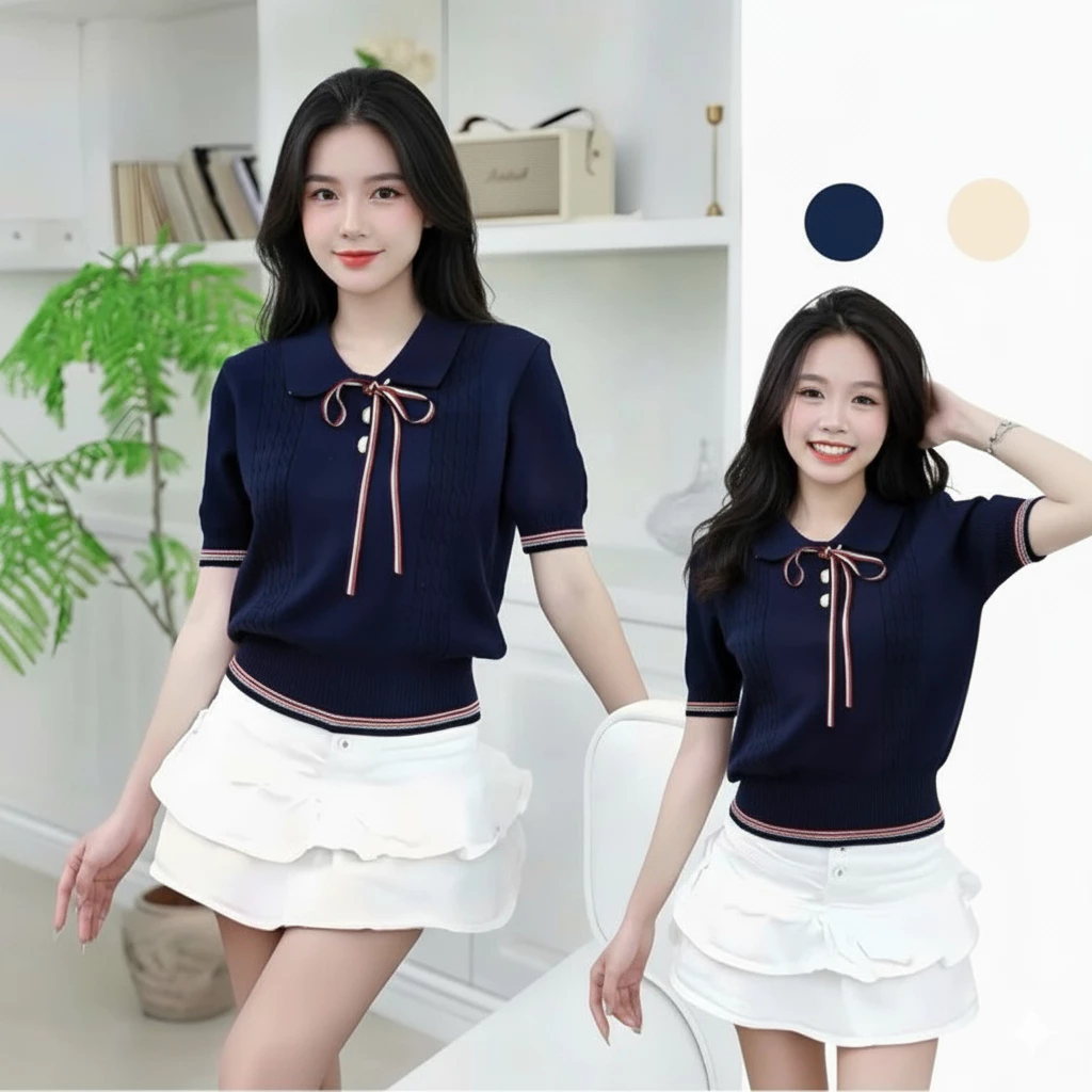 Áo Len Polo Thắt Nơ Siêu Xinh Dáng Ôm Cộc Tay Kẻ Đỏ Local Brand QC, Cổ Bẻ V Xinh Xắn