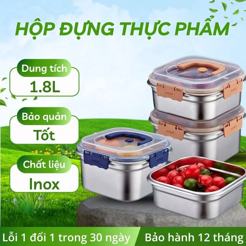 Hộp inox đựng thực phẩm 1800ml có nắp, khay bảo quản tủ lạnh chống mùi có quai xách