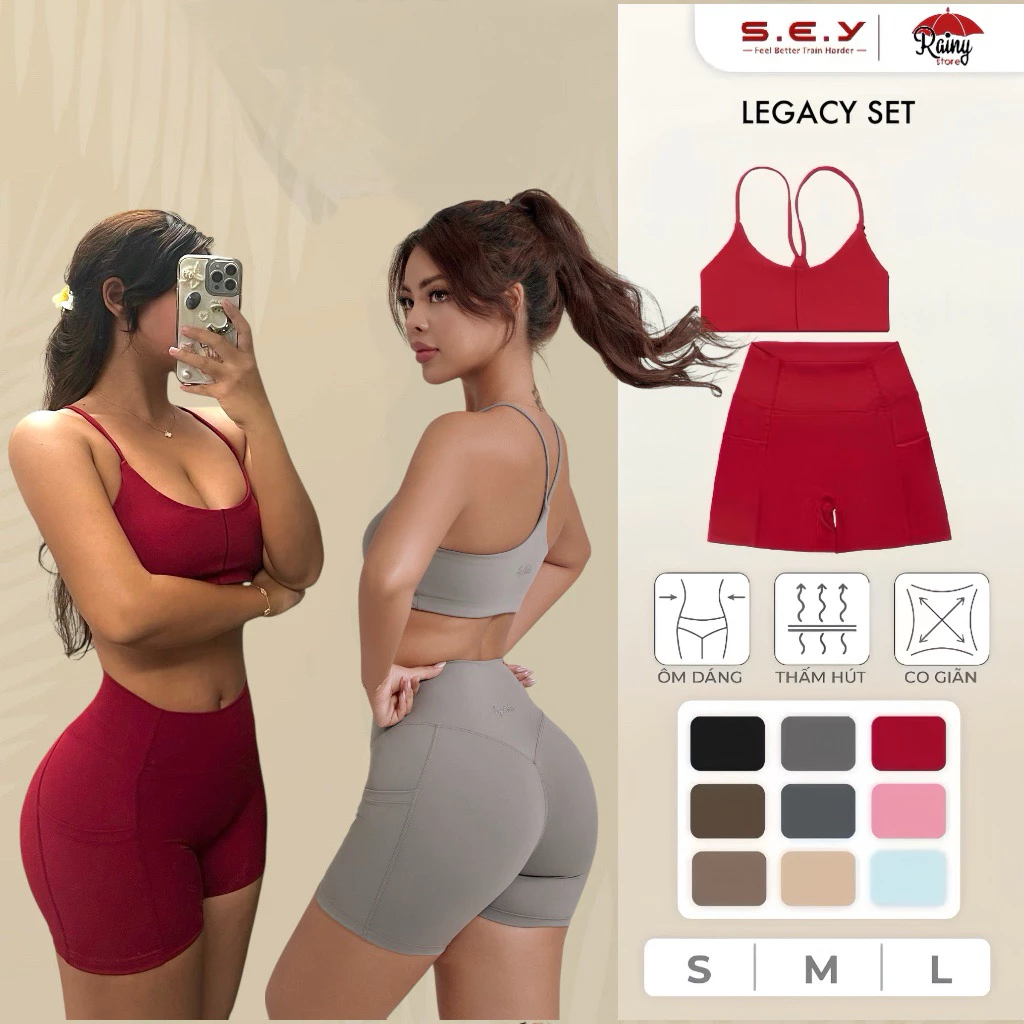 [ CHÍNH HÃNG- BỘ S/M/L ] SEY LEGACY- Bộ Đồ Tập Gym Quần Đùi Áo Bra- Thun Lạnh Cao Câp- Rainy Store