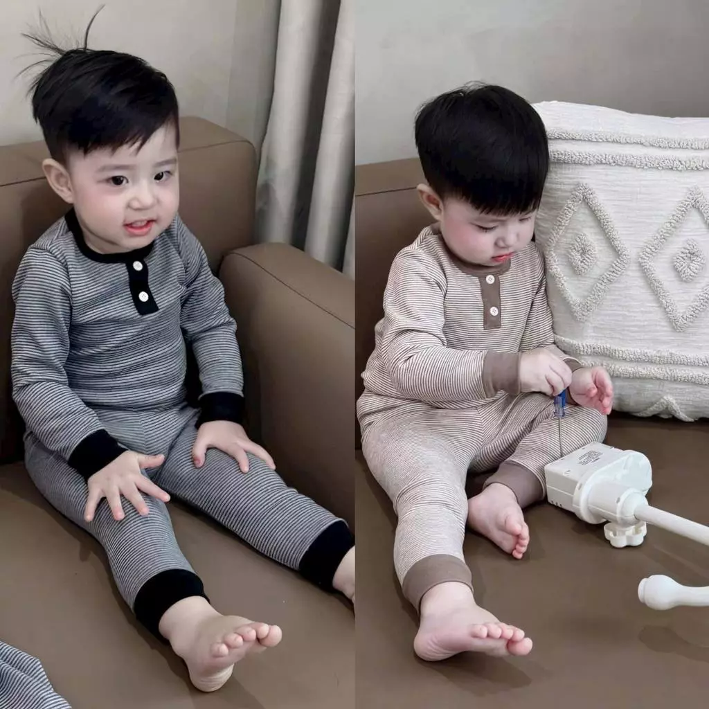 Bộ dài kẻ nỉ hàn cho bé, bộ mặc thu đông cho bé