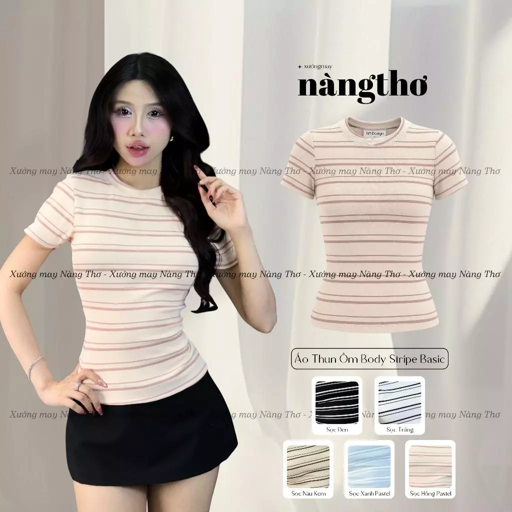 388 [Tăng 1 Size] Áo Thun Nữ Tay Ngắn Cổ Tròn Kẻ Sọc Ôm Dáng Co Giãn Mềm Mịn