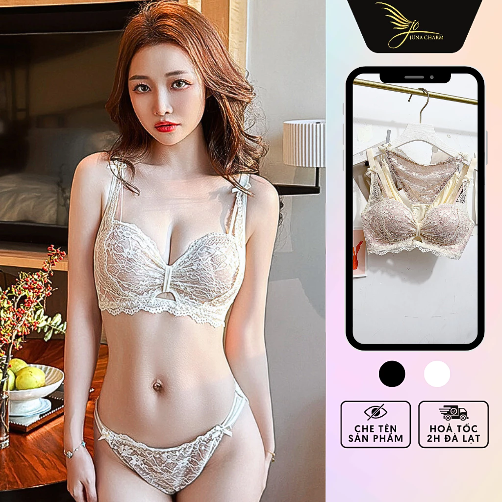 Bộ Đồ Lót Ren Nữ Không Gọng, Đệm Nâng Ngực 2cm Sexy JUNA Size 34/75 Thời Trang Đồ Lót Dành Cho Nữ, Màu Hồng Phối/SP2228