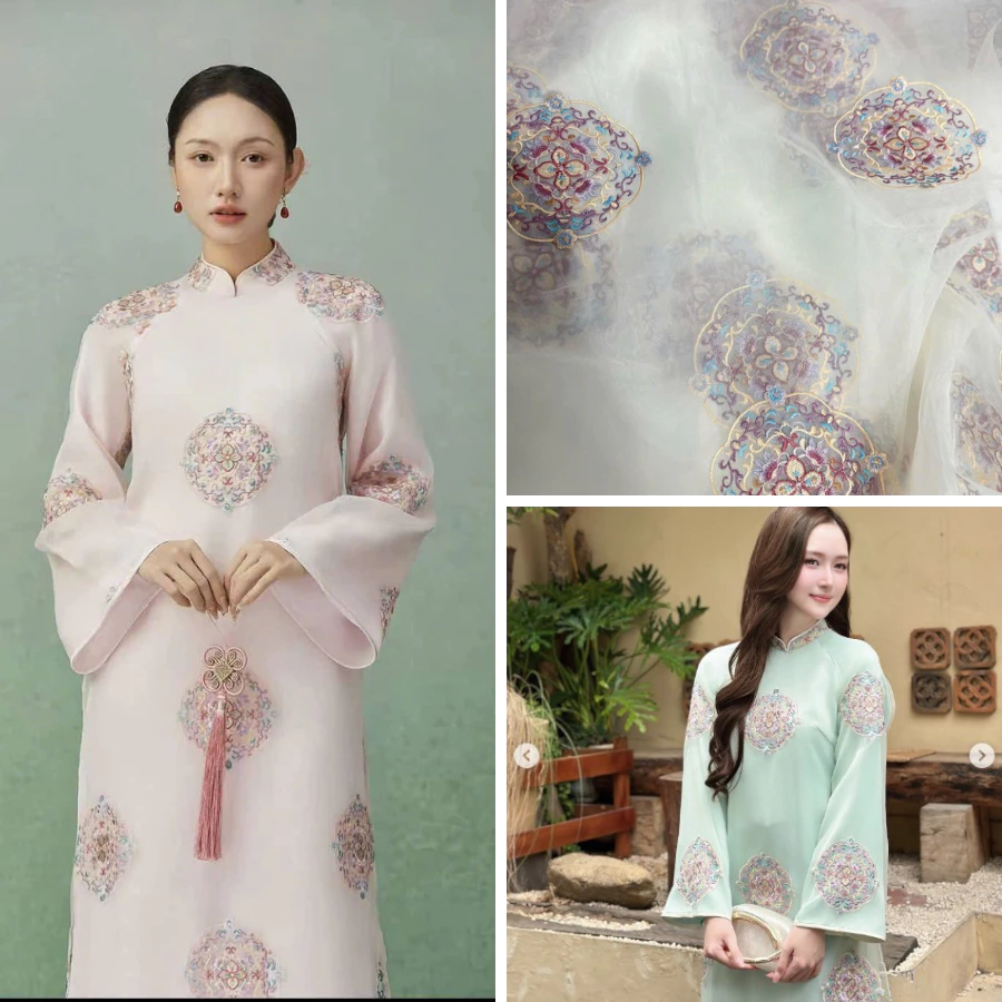 Áo dài cách tân nữ lụa voan tơ tăm 4 tà thêu hoa cúc mai dáng xuông áo dài nữ áo dài trơn phi bóng, áo dài lụa thêu hoa