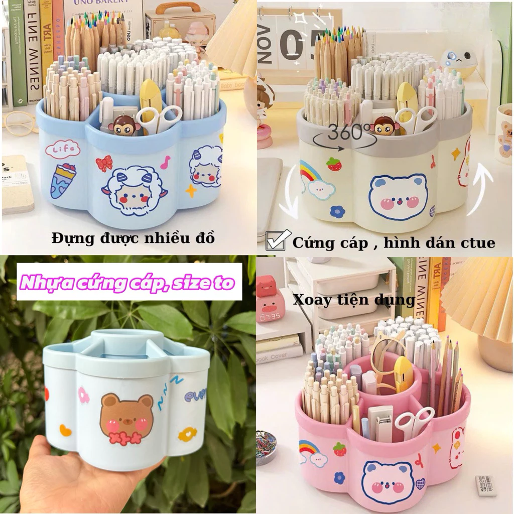 Khay đựng bút 6 ngăn để bàn( Hàng sẵn)(size to) xoay 360 độ, hình bông hoa dung tích lớn MAIHONGPHONG 1211
