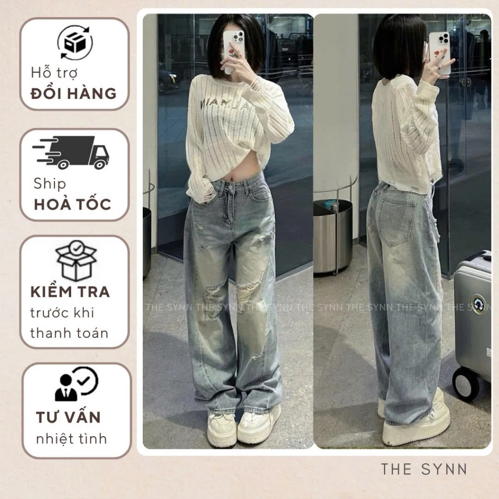 Q29 - Quần Jeans Nữ Ống Suông Form Rộng Màu Wash Bụi Rách Kiểu