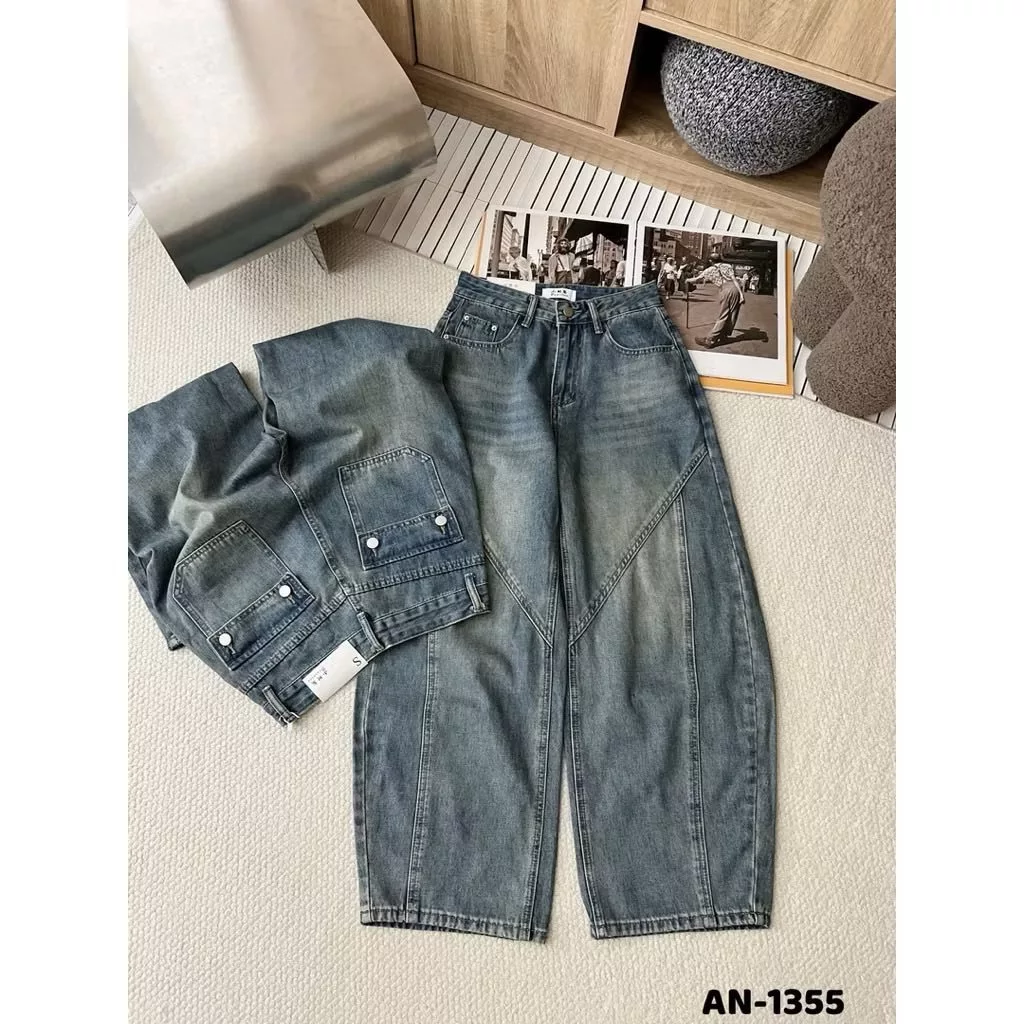 Quần Bò Jeans Nữ Ống Rộng, Quần Bò Denim Suông Ống Rộng Bí Cong Màu Xanh Retro Phối Viền Cạp Cao Siêu Hách Dáng Cực Đỉnh