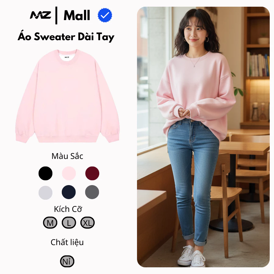 Áo Sweatshirt MIUZI Form Rộng Nỉ Lông Cáo Dày Dặn Màu Hồng Pastel Basic Unisex Cao Cấp.DT737