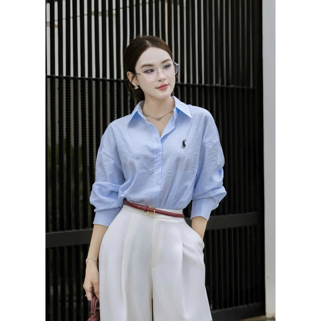 Áo sơ mi kẻ sọc thêu ngựa nữ from rộng dài tay chất vải mịn không nhăn
