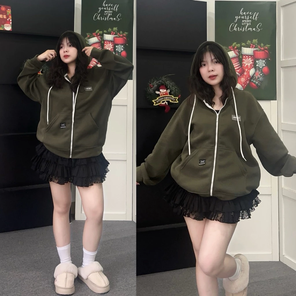 Áo Khoác Hoodie zip nỉ bông JAY.ST TAG CARO màu XANH RÊU 🖤 Nam nữ unisex 🖤 Áo Hoodie dây kéo form rộng Jaystoree