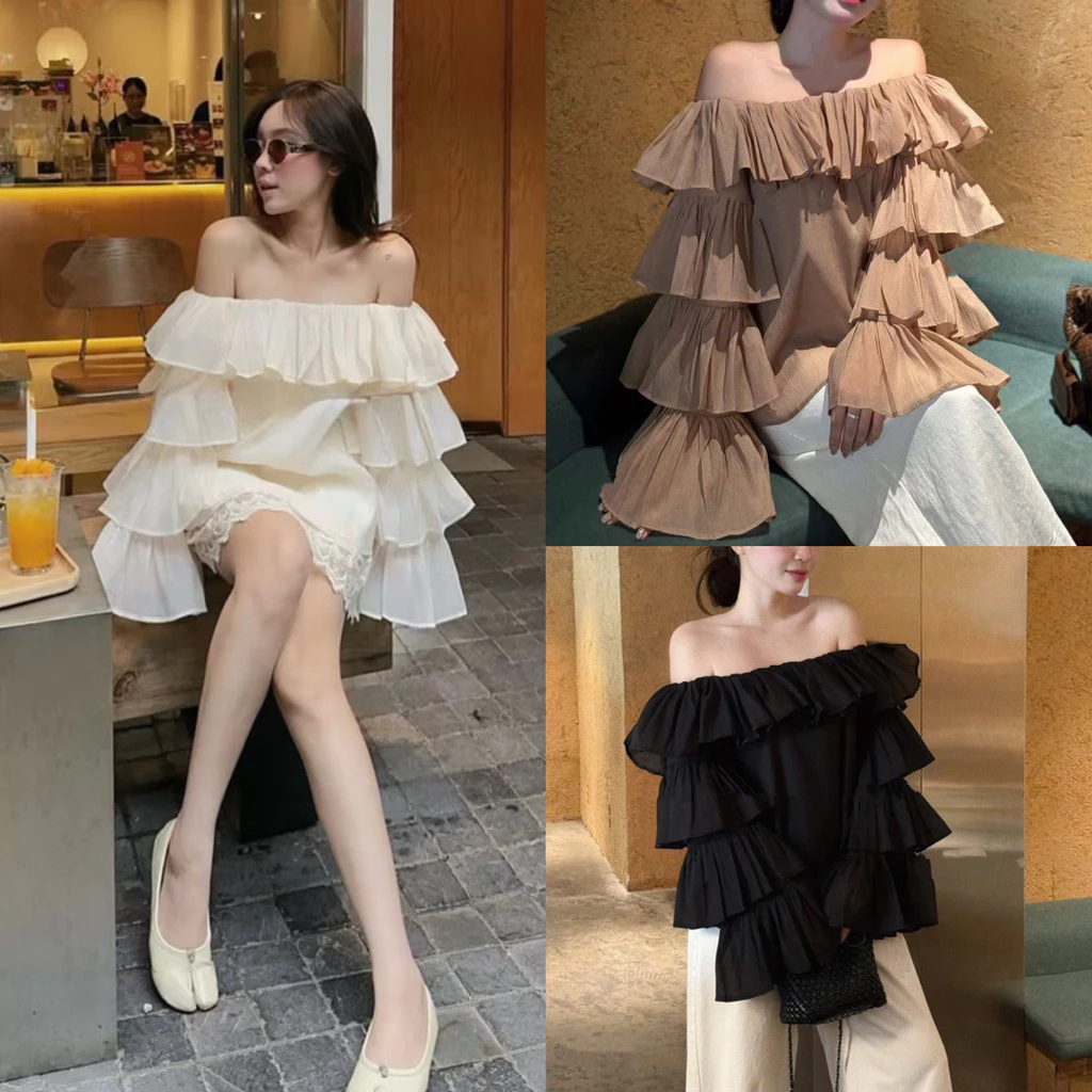 (Hàng đẹp có sẵn) Áo trễ vai voan tơ TAY XOÈ XẾP TẦNG cao cấp cách điệu tiểu thư sang chảnh phù hợp đi chơi, hẹn hò