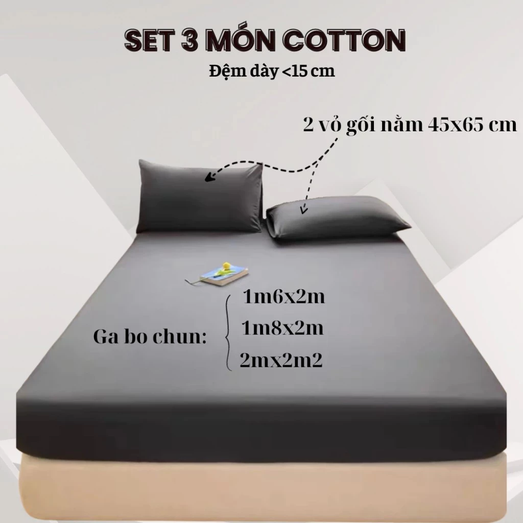 Bộ ga gối Cotton tici mềm mát không nhăn, ga trải giường cotton mát bo chun