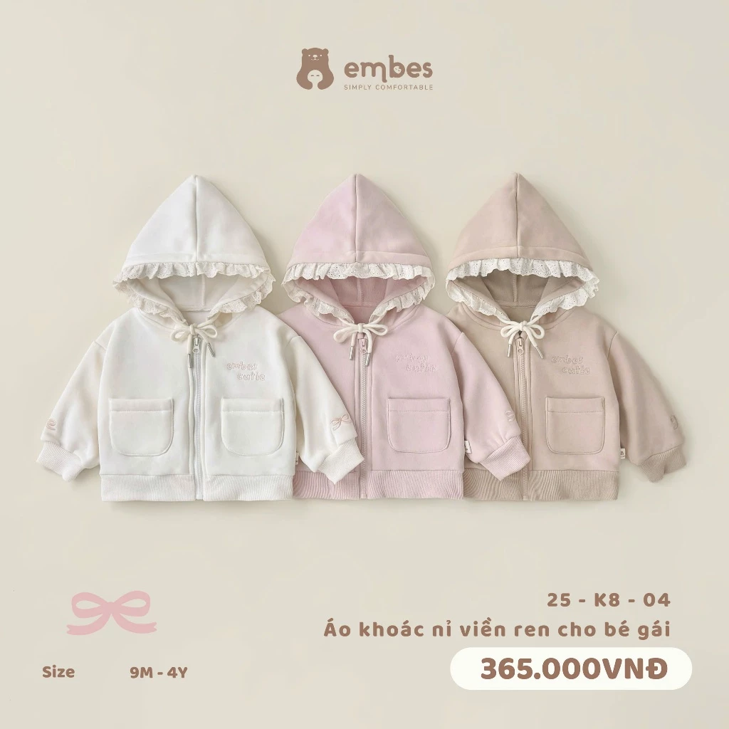 Áo Khoác Bé Gái Embes, Áo Khoác Nỉ Thêu Nơ Viền Ren Chất Nỉ Bông Mặc Thu Đông Cho Bé Gái Từ 8-18Kg