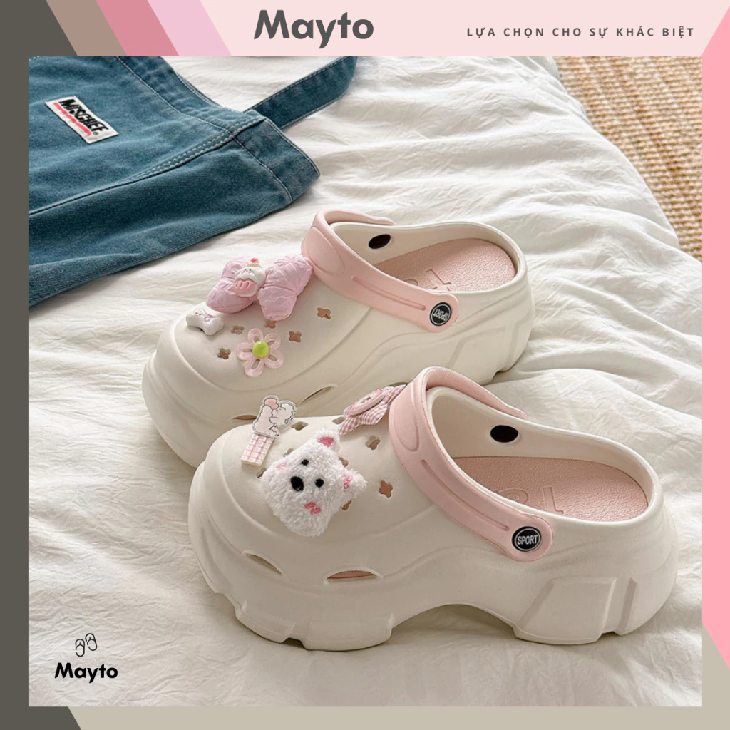 Dép nữ, dép sục Mayto đế cao 7cm kèm charm Cún nơ hồng kiểu sandal quai hậu dễ thươnG CS-173