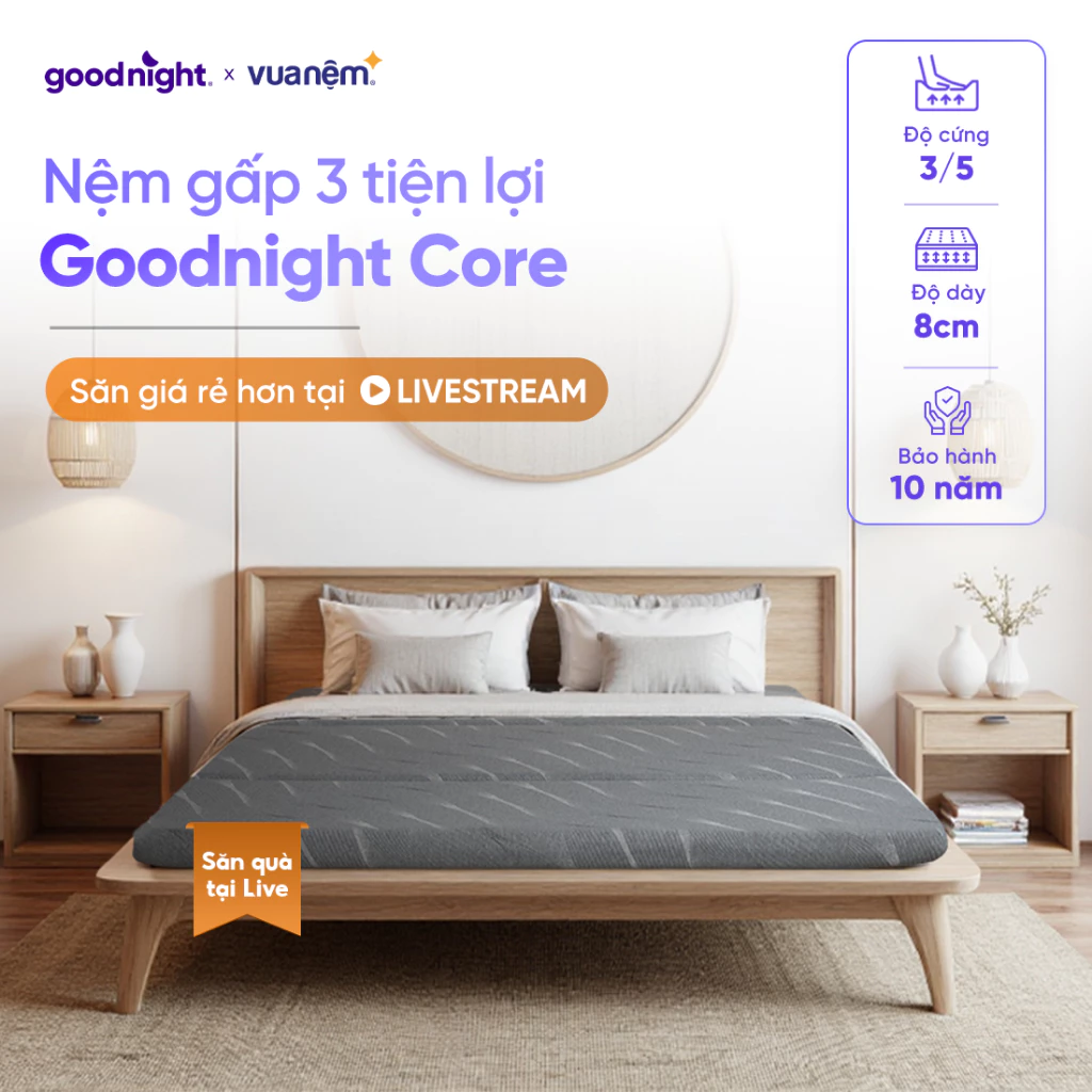 [SĂN QUÀ TẠI LIVE] Nệm Gấp 3 Vua Nệm Goodnight Core (Akita) 8cm, Nệm Foam, Đệm sinh viên