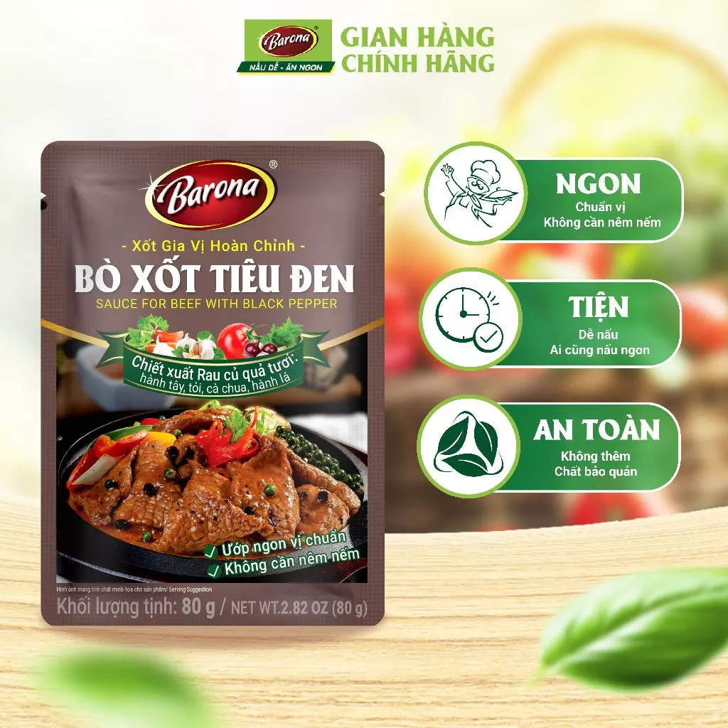 Gia Vị Bò Xốt Tiêu Đen Barona 80g ướp ngon chuẩn vị không cần nêm nếm