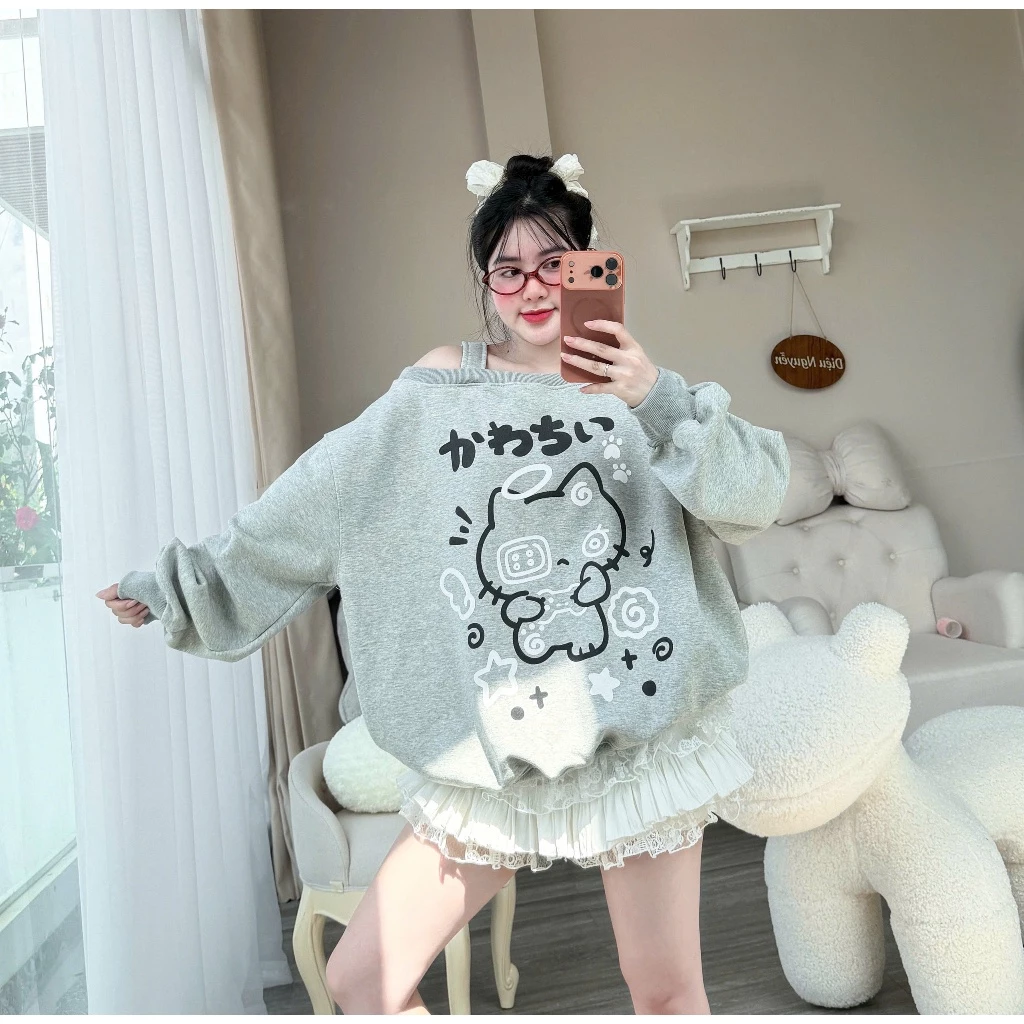 Áo nỉ sweter lệch vai mèo TQ phom Unisex- Áo sweater local brand form boxy