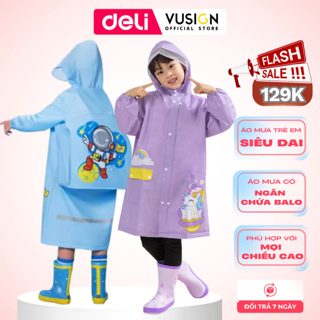 Áo Mưa Trẻ Em Siêu Dai Cao Cấp DELI Áo Mưa Học Sinh Nhiều Màu Dễ Thương Có Ngăn Đeo Balo Áo Mưa Cho Bé Trai Bé Gái