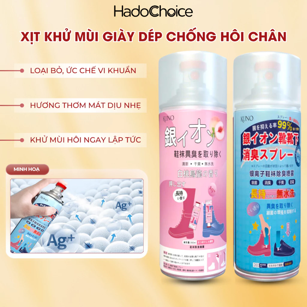 Chai xịt khử mùi giày dép khử mùi hôi chân công nghệ nano bạc, Xịt khử mùi giày diệt vi khuẩn KUNO