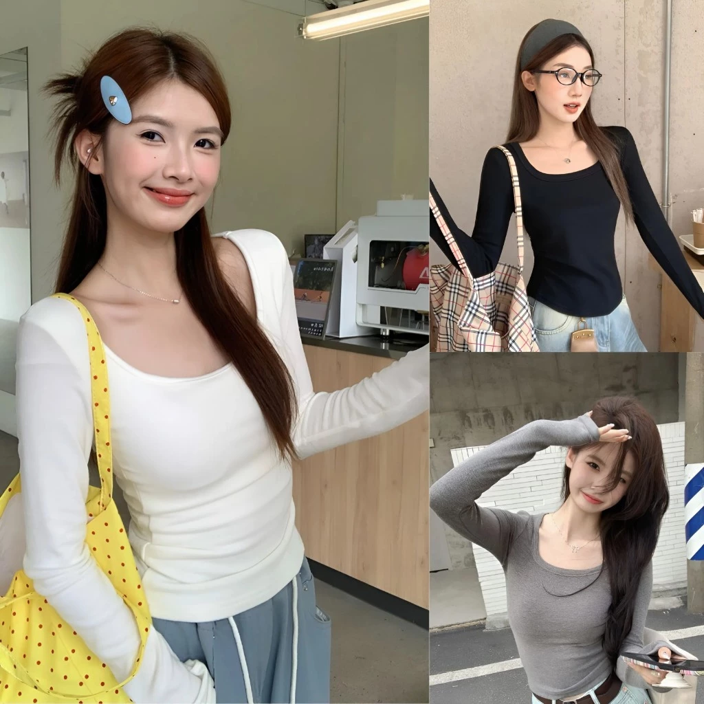 Áo thun dài tay nữ MIAA Cổ Vuông Dáng ôm ngắn croptop chất co giãn màu trắng đen tôn dáng bigsize