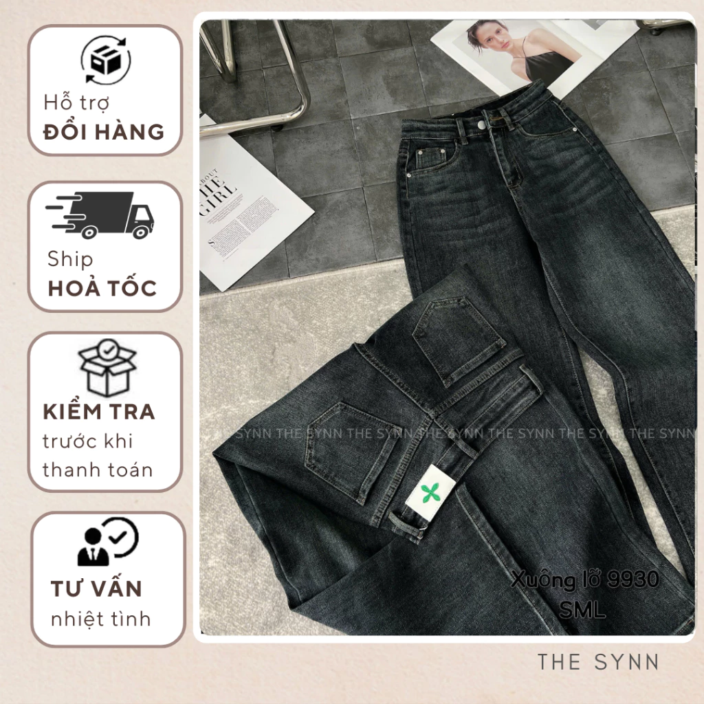 QJ57 - ( S-L 92-95cm) Quần Jeans Nữ Ống Suông Co Giãn Phối Tag