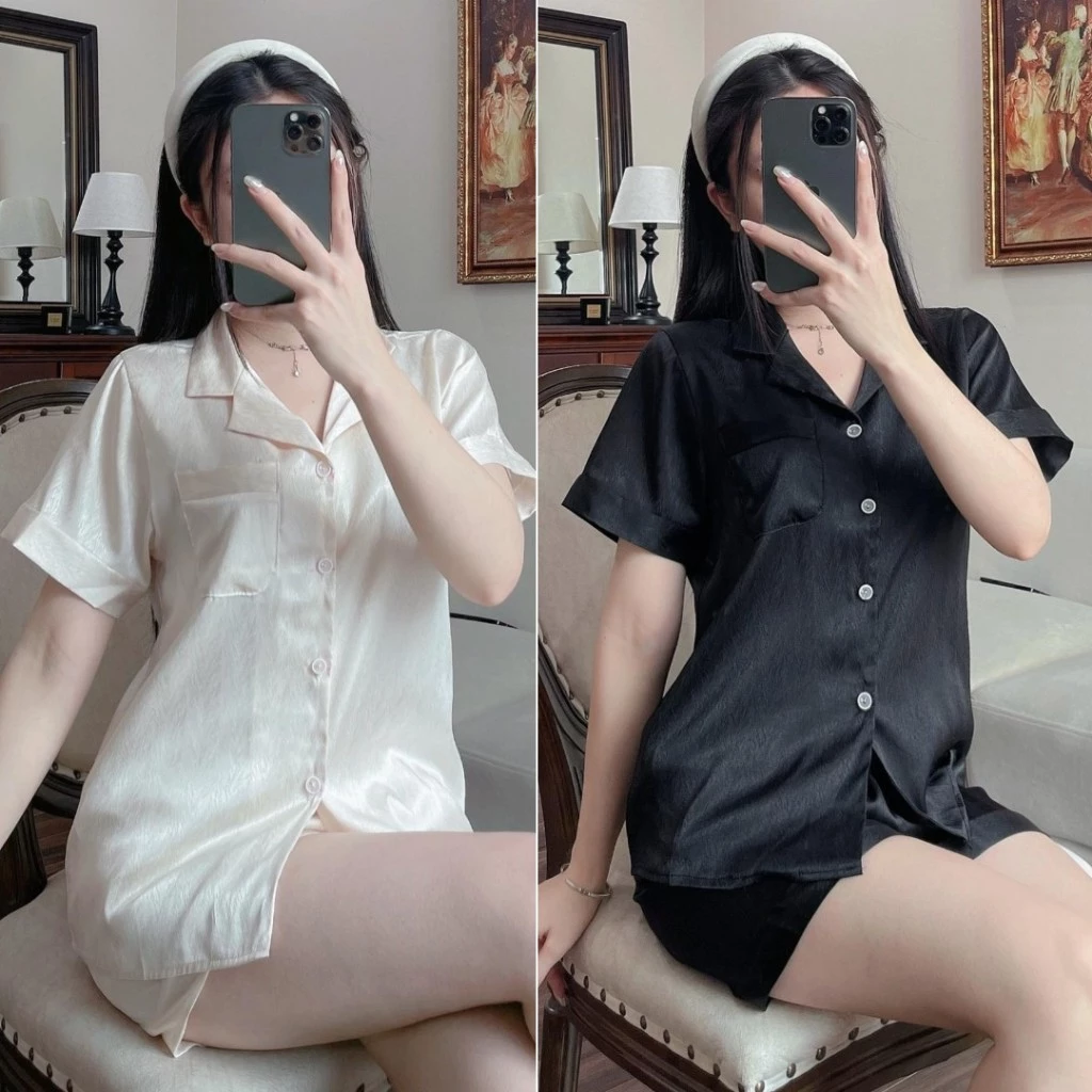 Bộ đồ ngủ pijama nữ tay ngắn quần đùi lụa vân gỗ anh kim N28