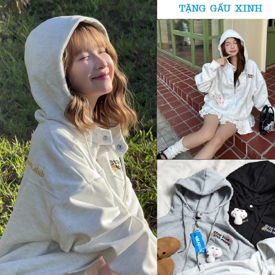 Áo Hoodie Boxy Khoá Zip Nữ TẶNG GẤU Túi Trong, Phối Cúc Bấm Cổ Nữ Tính Chất Nỉ 2 Da