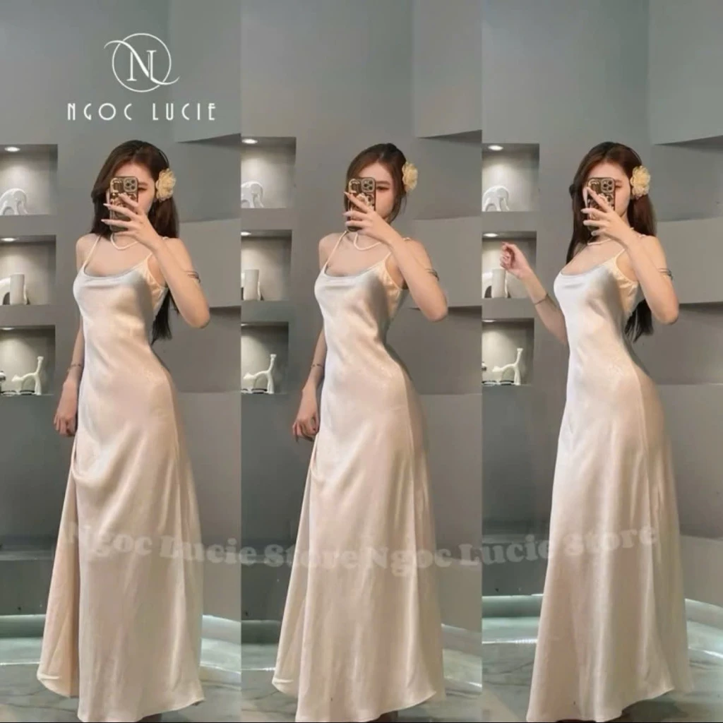 V16 - Đầm 2 Dây Lụa 2 Da Hở Lưng Giọt Nước Sang Trọng, Quý Phái - Ngọc Lucie