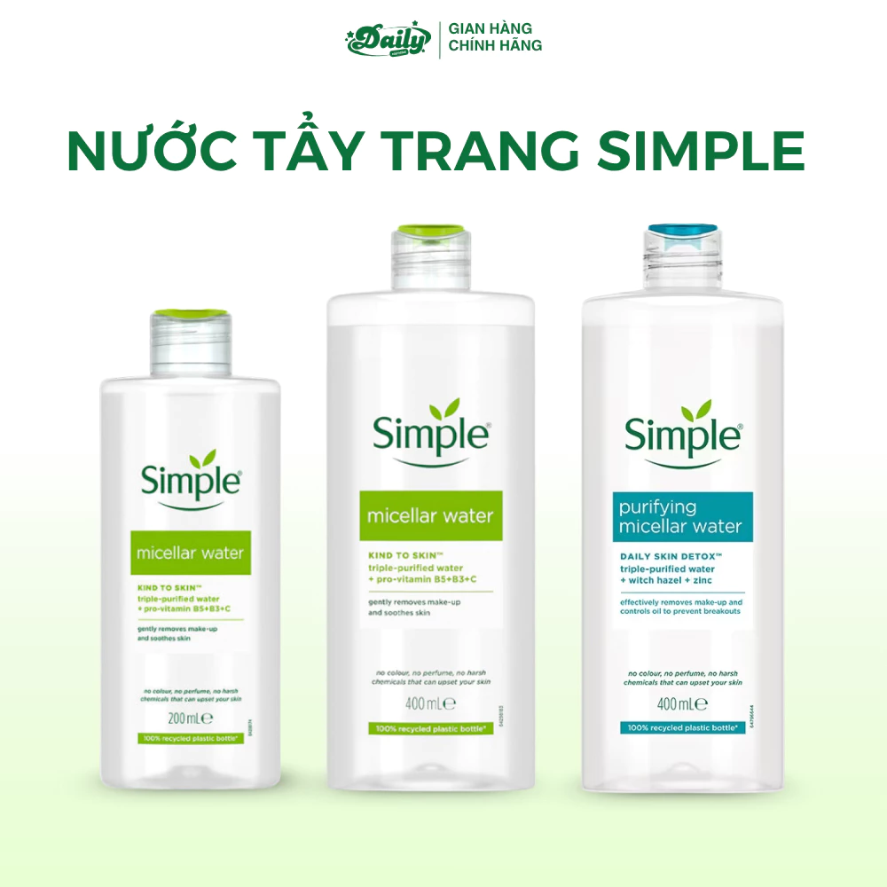 Nước tẩy trang Simple Micellar Waret hút mọi bụi bẩn, làm sạch sâu và dưỡng ẩm làm dịu nhẹ da